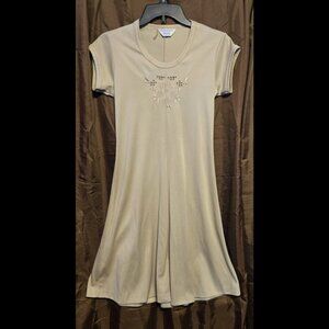 Vintage 70s Sears Prairie Embroidered Fit & Flare Dress M Cottagecore Beige